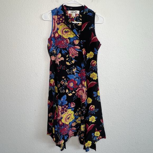 Diane Von Furstenberg Black Floral Silk Sleeveless Shark bite Dress Size 2 Aa23 - Picture 7 of 11